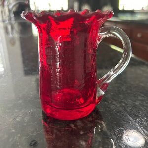 Vintage miniature red crackle hand blown glass pitcher ruffle top